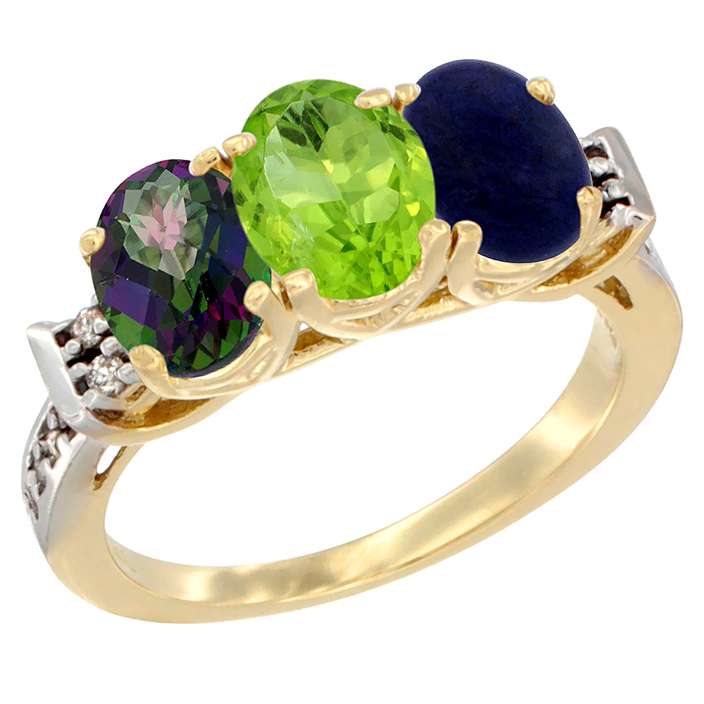 10K Yellow Gold Natural Mystic Topaz, Peridot & Lapis Ring 3-Stone Oval 7x5 mm Diamond Accent, sizes 5 - 10