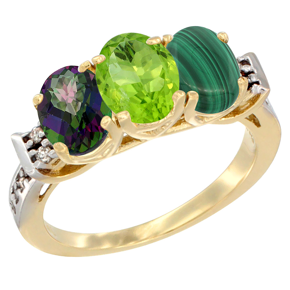 10K Yellow Gold Natural Mystic Topaz, Peridot & Malachite Ring 3-Stone Oval 7x5 mm Diamond Accent, sizes 5 - 10