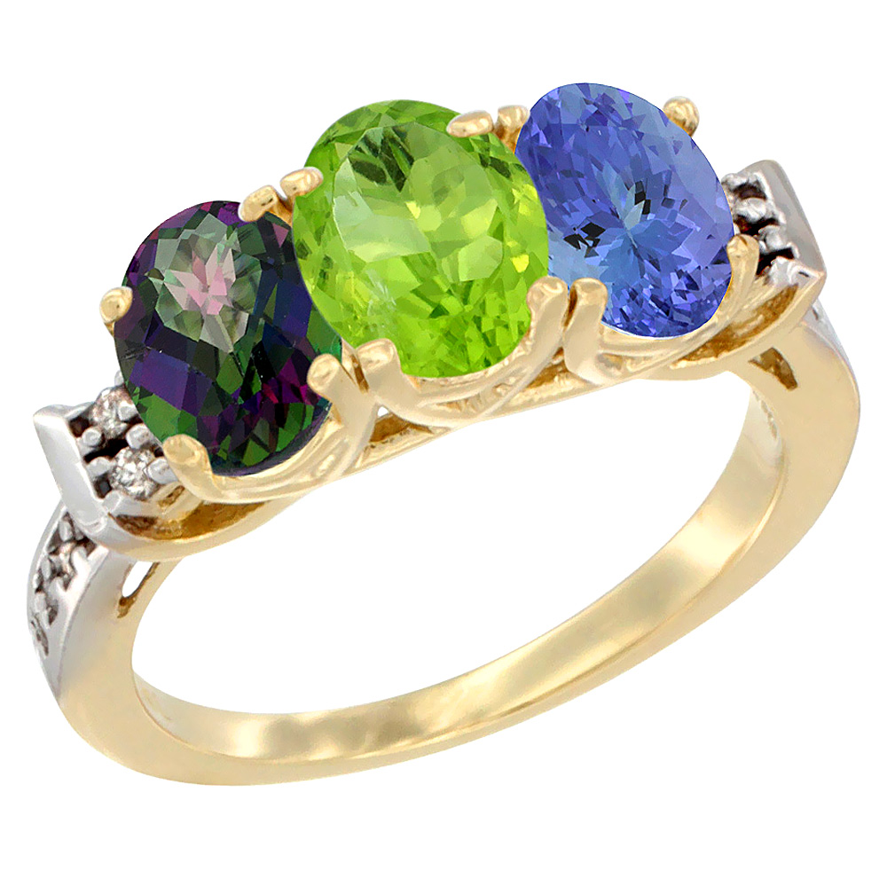 10K Yellow Gold Natural Mystic Topaz, Peridot & Tanzanite Ring 3-Stone Oval 7x5 mm Diamond Accent, sizes 5 - 10