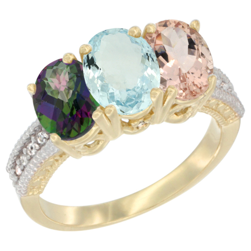 10K Yellow Gold Diamond Natural Mystic Topaz, Aquamarine & Morganite Ring 3-Stone 7x5 mm Oval, sizes 5 - 10