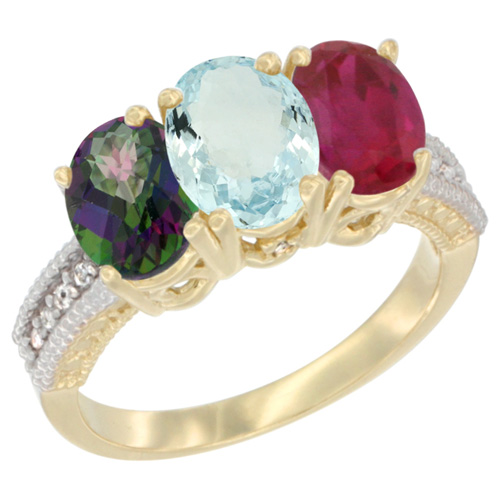 10K Yellow Gold Diamond Natural Mystic Topaz, Aquamarine & Enhanced Ruby Ring 3-Stone 7x5 mm Oval, sizes 5 - 10