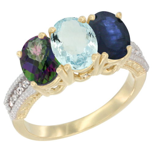 10K Yellow Gold Diamond Natural Mystic Topaz, Aquamarine & Blue Sapphire Ring 3-Stone 7x5 mm Oval, sizes 5 - 10
