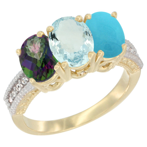 10K Yellow Gold Diamond Natural Mystic Topaz, Aquamarine & Turquoise Ring 3-Stone 7x5 mm Oval, sizes 5 - 10
