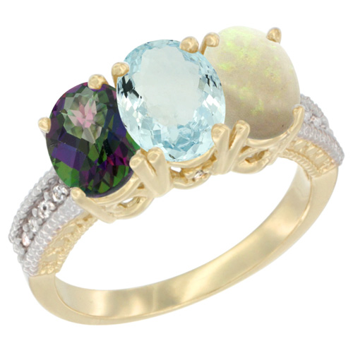 14K Yellow Gold Natural Mystic Topaz, Aquamarine & Opal Ring 3-Stone 7x5 mm Oval Diamond Accent, sizes 5 - 10