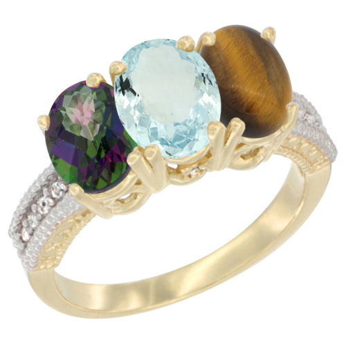 14K Yellow Gold Natural Mystic Topaz, Aquamarine & Tiger Eye Ring 3-Stone 7x5 mm Oval Diamond Accent, sizes 5 - 10