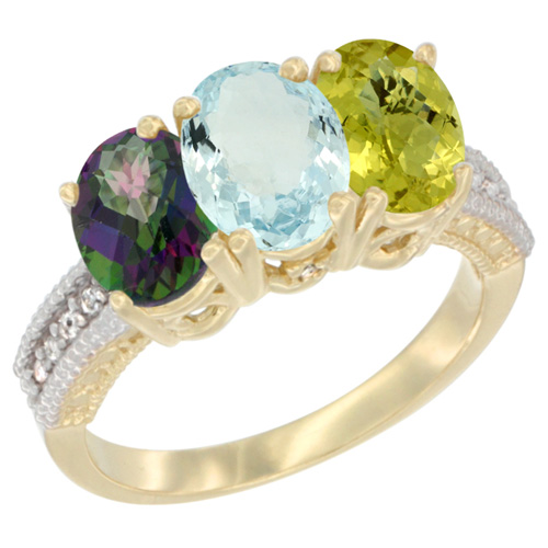 14K Yellow Gold Natural Mystic Topaz, Aquamarine & Lemon Quartz Ring 3-Stone 7x5 mm Oval Diamond Accent, sizes 5 - 10