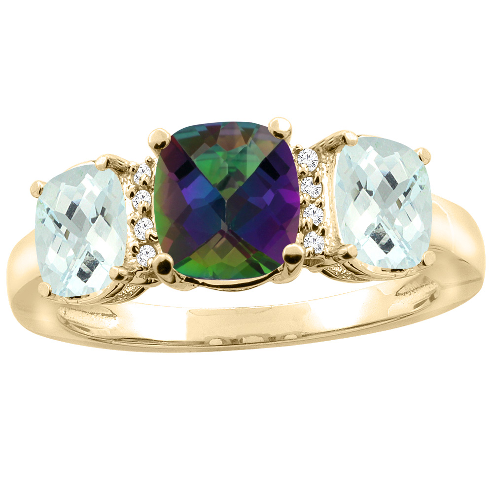 14K Yellow Gold Natural Mystic Topaz & Aquamarine 3-stone Ring Cushion 8x6mm Diamond Accent, sizes 5 - 10