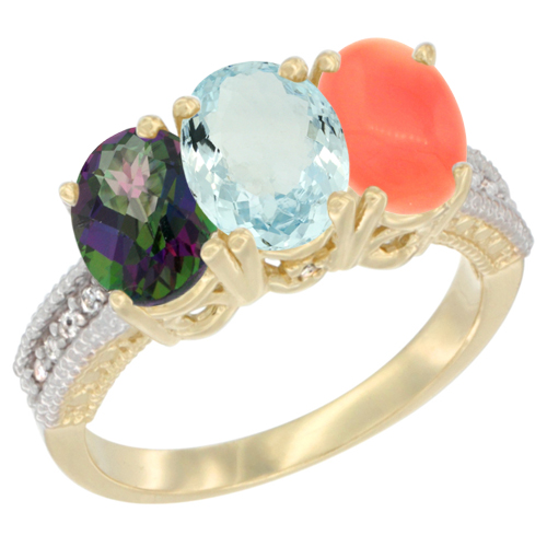 14K Yellow Gold Natural Mystic Topaz, Aquamarine & Coral Ring 3-Stone 7x5 mm Oval Diamond Accent, sizes 5 - 10