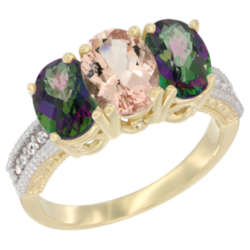 14K Yellow Gold Natural Morganite & Mystic Topaz Ring 3-Stone 7x5 mm Oval Diamond Accent, sizes 5 - 10
