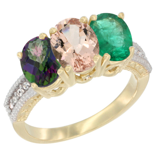 14K Yellow Gold Natural Mystic Topaz, Morganite & Emerald Ring 3-Stone 7x5 mm Oval Diamond Accent, sizes 5 - 10