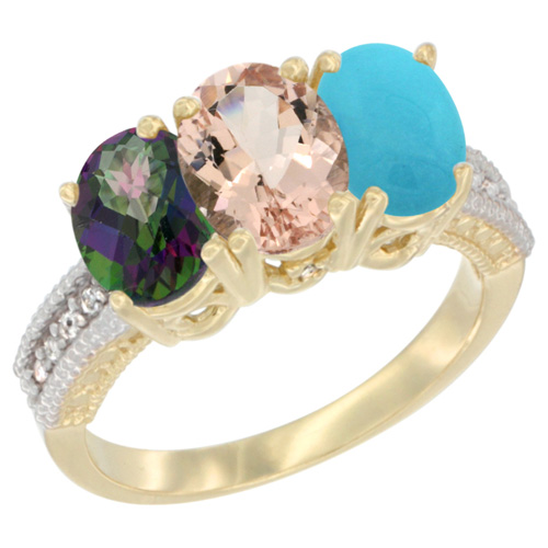 14K Yellow Gold Natural Mystic Topaz, Morganite & Turquoise Ring 3-Stone 7x5 mm Oval Diamond Accent, sizes 5 - 10