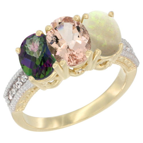 14K Yellow Gold Natural Mystic Topaz, Morganite & Opal Ring 3-Stone 7x5 mm Oval Diamond Accent, sizes 5 - 10