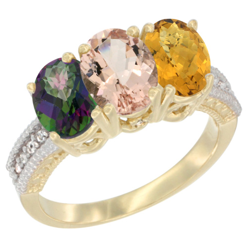 14K Yellow Gold Natural Mystic Topaz, Morganite & Whisky Quartz Ring 3-Stone 7x5 mm Oval Diamond Accent, sizes 5 - 10