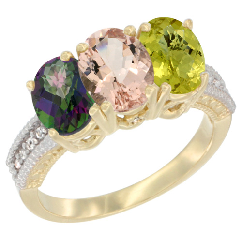 14K Yellow Gold Natural Mystic Topaz, Morganite & Lemon Quartz Ring 3-Stone 7x5 mm Oval Diamond Accent, sizes 5 - 10