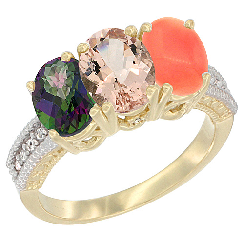 14K Yellow Gold Natural Mystic Topaz, Morganite & Coral Ring 3-Stone 7x5 mm Oval Diamond Accent, sizes 5 - 10
