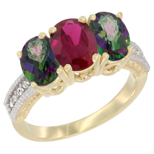 14K Yellow Gold Enhanced Ruby & Natural Mystic Topaz Ring 3-Stone 7x5 mm Oval Diamond Accent, sizes 5 - 10