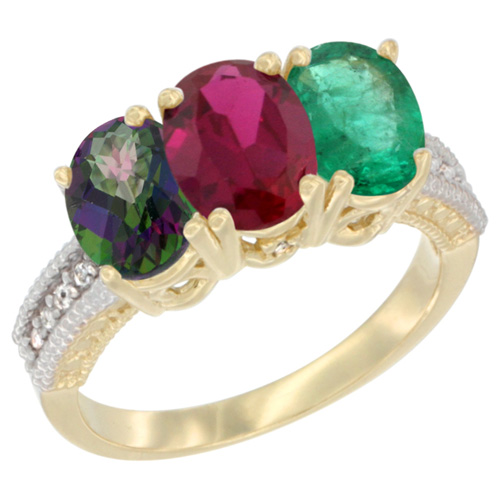14K Yellow Gold Natural Mystic Topaz, Enhanced Ruby & Natural Emerald Ring 3-Stone 7x5 mm Oval Diamond Accent, sizes 5 - 10