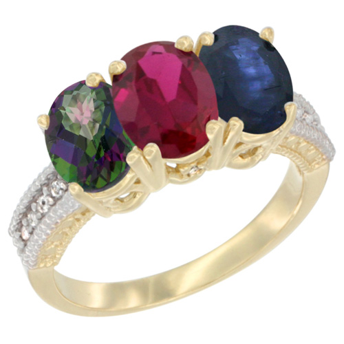 14K Yellow Gold Natural Mystic Topaz, Enhanced Ruby & Natural Blue Sapphire Ring 3-Stone 7x5 mm Oval Diamond Accent, sizes 5 - 10