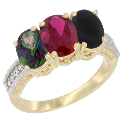 14K Yellow Gold Natural Mystic Topaz, Enhanced Ruby & Natural Black Onyx Ring 3-Stone 7x5 mm Oval Diamond Accent, sizes 5 - 10