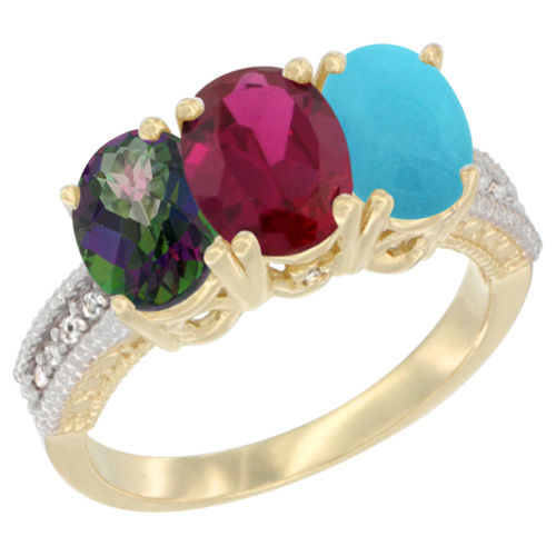 14K Yellow Gold Natural Mystic Topaz, Enhanced Ruby & Natural Turquoise Ring 3-Stone 7x5 mm Oval Diamond Accent, sizes 5 - 10