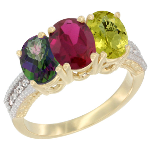 14K Yellow Gold Natural Mystic Topaz, Enhanced Ruby & Natural Lemon Quartz Ring 3-Stone 7x5 mm Oval Diamond Accent, sizes 5 - 10