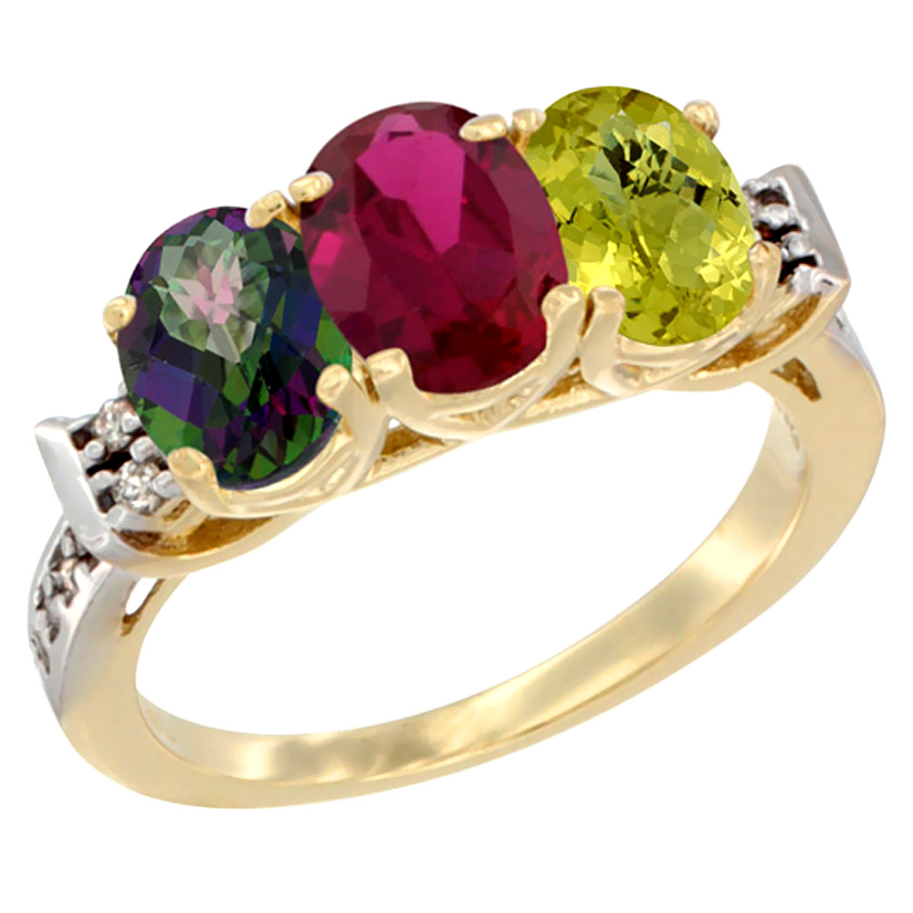 14K Yellow Gold Natural Mystic Topaz, Enhanced Ruby & Natural Lemon Quartz Ring 3-Stone Oval 7x5 mm Diamond Accent, sizes 5 - 10