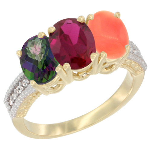 14K Yellow Gold Natural Mystic Topaz, Enhanced Ruby & Natural Coral Ring 3-Stone 7x5 mm Oval Diamond Accent, sizes 5 - 10
