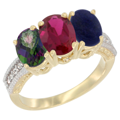 14K Yellow Gold Natural Mystic Topaz, Enhanced Ruby & Natural Lapis Ring 3-Stone 7x5 mm Oval Diamond Accent, sizes 5 - 10