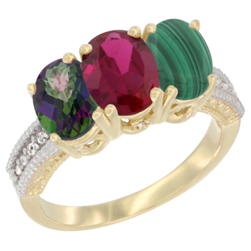 14K Yellow Gold Natural Mystic Topaz, Enhanced Ruby & Natural Malachite Ring 3-Stone 7x5 mm Oval Diamond Accent, sizes 5 - 10