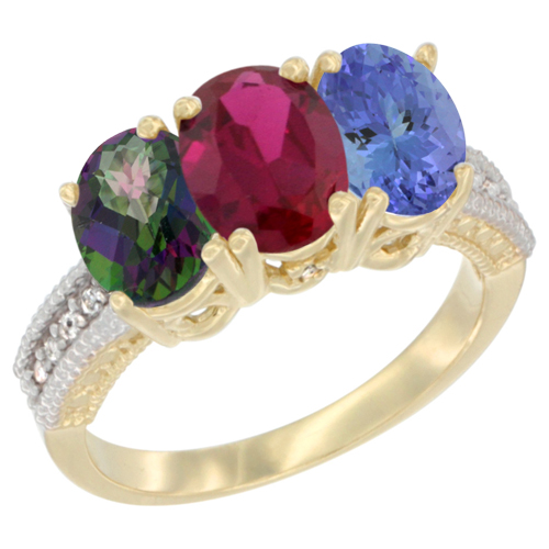 14K Yellow Gold Natural Mystic Topaz, Enhanced Ruby & Natural Tanzanite Ring 3-Stone 7x5 mm Oval Diamond Accent, sizes 5 - 10