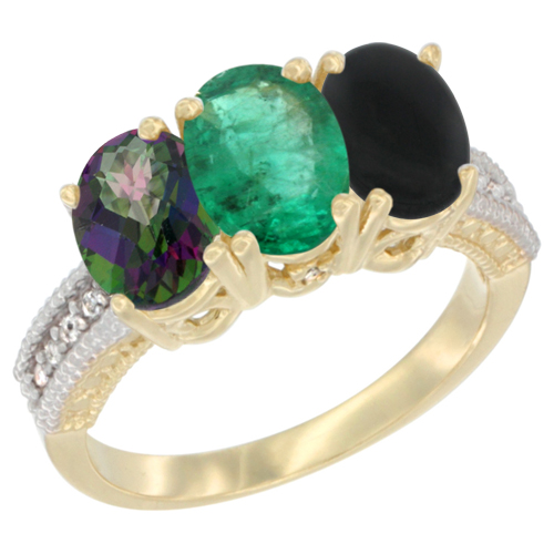 14K Yellow Gold Natural Mystic Topaz, Emerald & Black Onyx Ring 3-Stone 7x5 mm Oval Diamond Accent, sizes 5 - 10