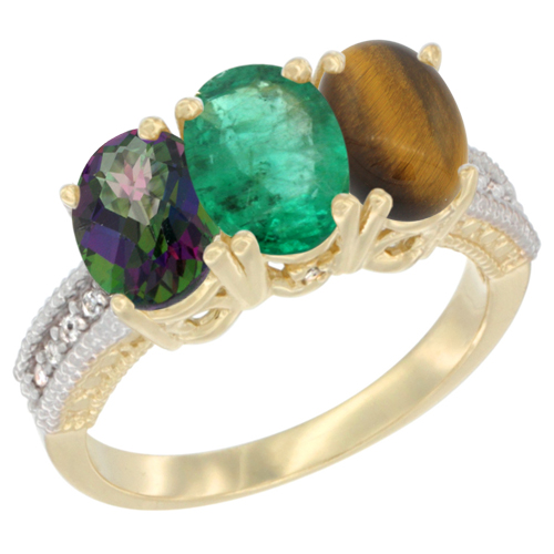 14K Yellow Gold Natural Mystic Topaz, Emerald & Tiger Eye Ring 3-Stone 7x5 mm Oval Diamond Accent, sizes 5 - 10