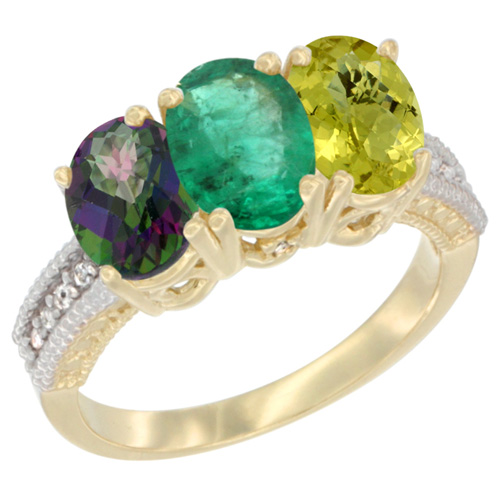 14K Yellow Gold Natural Mystic Topaz, Emerald & Lemon Quartz Ring 3-Stone 7x5 mm Oval Diamond Accent, sizes 5 - 10