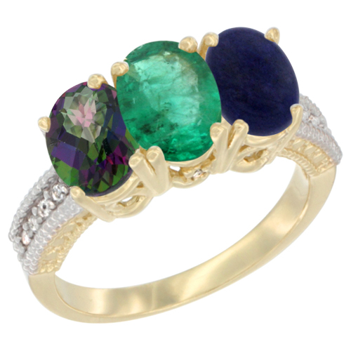 14K Yellow Gold Natural Mystic Topaz, Emerald & Lapis Ring 3-Stone 7x5 mm Oval Diamond Accent, sizes 5 - 10