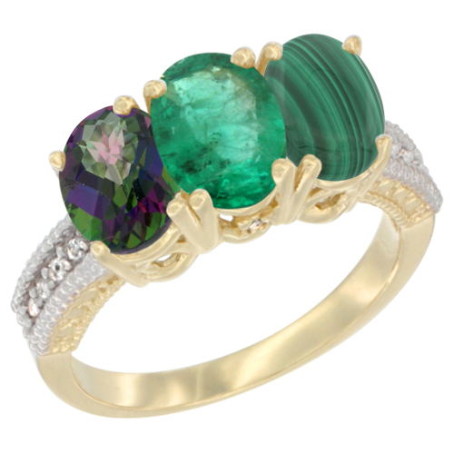14K Yellow Gold Natural Mystic Topaz, Emerald & Malachite Ring 3-Stone 7x5 mm Oval Diamond Accent, sizes 5 - 10