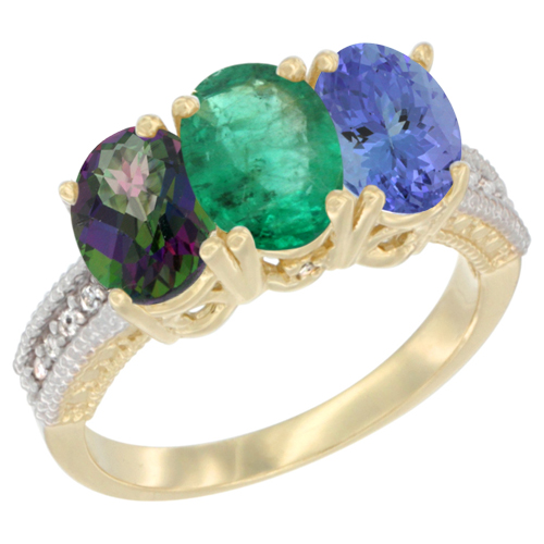 14K Yellow Gold Natural Mystic Topaz, Emerald & Tanzanite Ring 3-Stone 7x5 mm Oval Diamond Accent, sizes 5 - 10