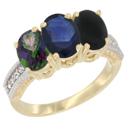 10K Yellow Gold Diamond Natural Mystic Topaz, Blue Sapphire & Black Onyx Ring 3-Stone 7x5 mm Oval, sizes 5 - 10