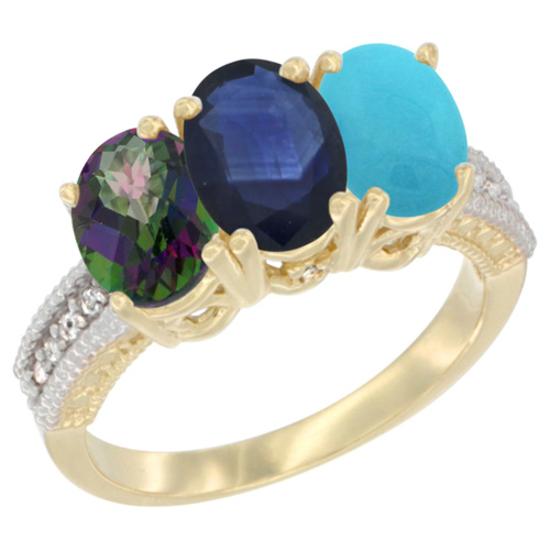 10K Yellow Gold Diamond Natural Mystic Topaz, Blue Sapphire & Turquoise Ring 3-Stone 7x5 mm Oval, sizes 5 - 10