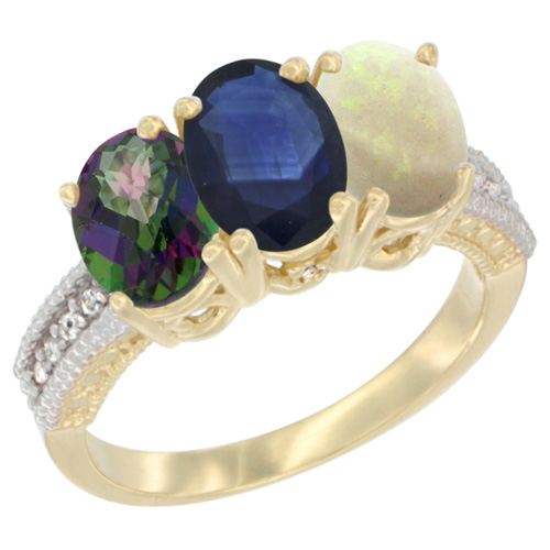 10K Yellow Gold Diamond Natural Mystic Topaz, Blue Sapphire & Opal Ring 3-Stone 7x5 mm Oval, sizes 5 - 10