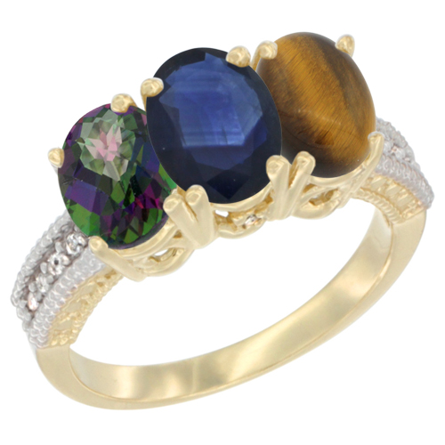 10K Yellow Gold Diamond Natural Mystic Topaz, Blue Sapphire & Tiger Eye Ring 3-Stone 7x5 mm Oval, sizes 5 - 10