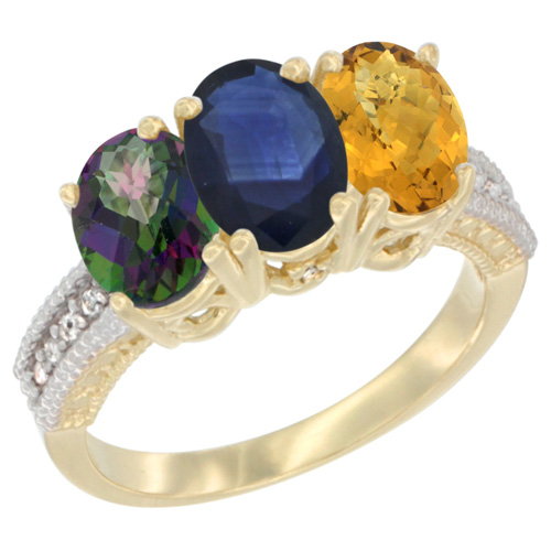 10K Yellow Gold Diamond Natural Mystic Topaz, Blue Sapphire & Whisky Quartz Ring 3-Stone 7x5 mm Oval, sizes 5 - 10