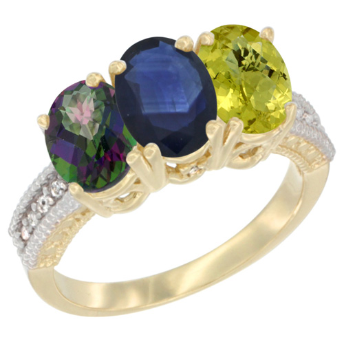 10K Yellow Gold Diamond Natural Mystic Topaz, Blue Sapphire & Lemon Quartz Ring 3-Stone 7x5 mm Oval, sizes 5 - 10