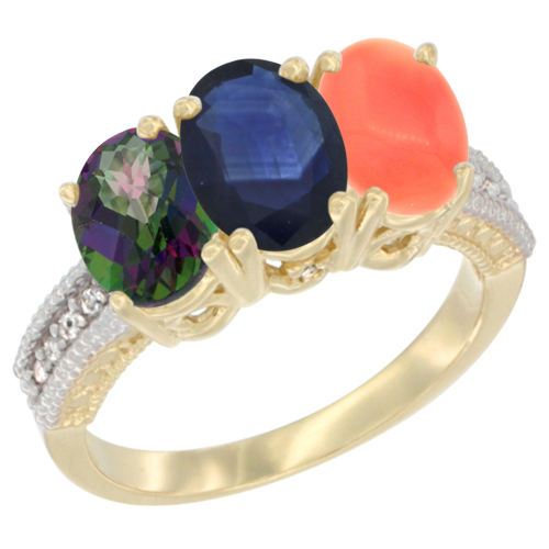 10K Yellow Gold Diamond Natural Mystic Topaz, Blue Sapphire & Coral Ring 3-Stone 7x5 mm Oval, sizes 5 - 10