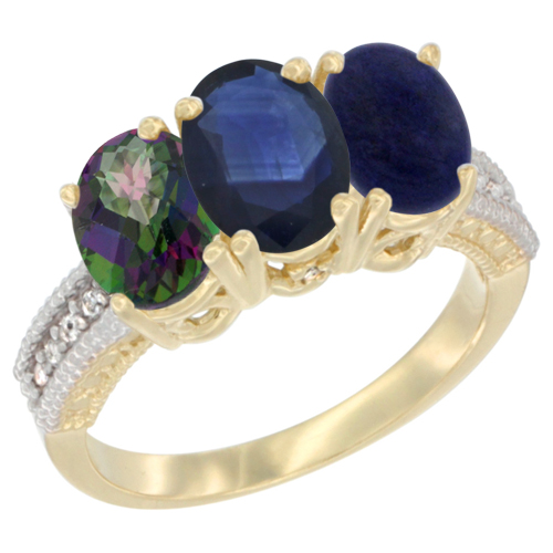 10K Yellow Gold Diamond Natural Mystic Topaz, Blue Sapphire & Lapis Ring 3-Stone 7x5 mm Oval, sizes 5 - 10