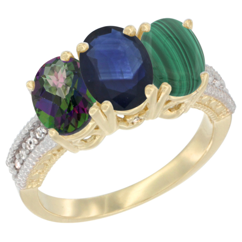 10K Yellow Gold Diamond Natural Mystic Topaz, Blue Sapphire & Malachite Ring 3-Stone 7x5 mm Oval, sizes 5 - 10