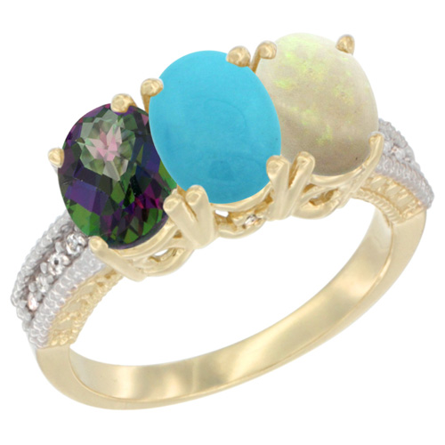 14K Yellow Gold Natural Mystic Topaz, Turquoise & Opal Ring 3-Stone 7x5 mm Oval Diamond Accent, sizes 5 - 10