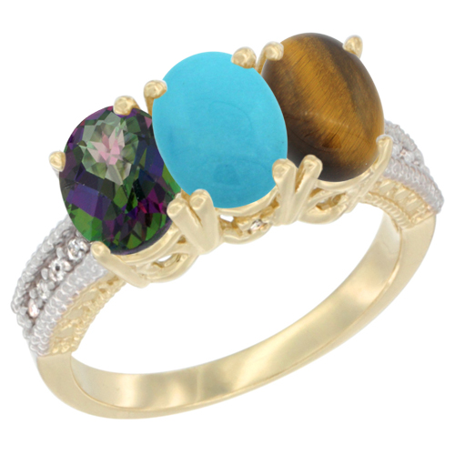 14K Yellow Gold Natural Mystic Topaz, Turquoise & Tiger Eye Ring 3-Stone 7x5 mm Oval Diamond Accent, sizes 5 - 10