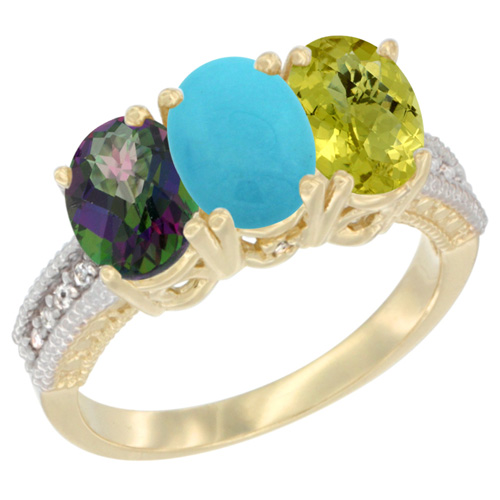 14K Yellow Gold Natural Mystic Topaz, Turquoise & Lemon Quartz Ring 3-Stone 7x5 mm Oval Diamond Accent, sizes 5 - 10