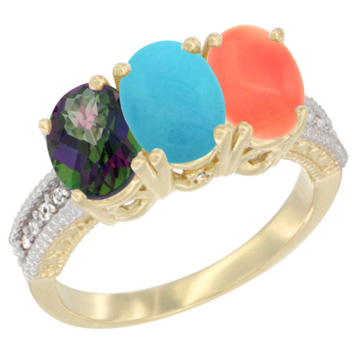 14K Yellow Gold Natural Mystic Topaz, Turquoise & Coral Ring 3-Stone 7x5 mm Oval Diamond Accent, sizes 5 - 10