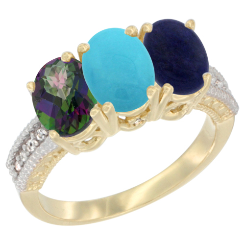14K Yellow Gold Natural Mystic Topaz, Turquoise & Lapis Ring 3-Stone 7x5 mm Oval Diamond Accent, sizes 5 - 10